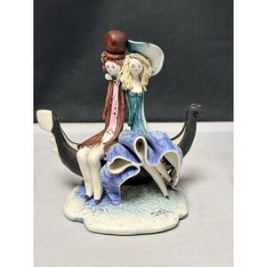 Fatto A Mano Figurine Signed Italian Pastel Ceramica Couple on Boat Zampiva